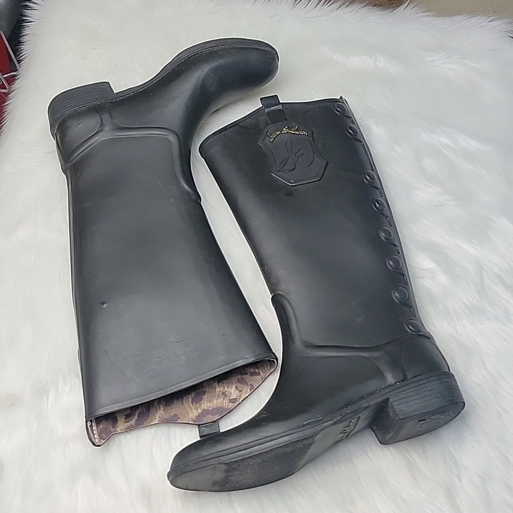 SAM EDELMAN Ximon Black Matte Rubber Pull On Tall Equestrian Preppy Rain Boots 9